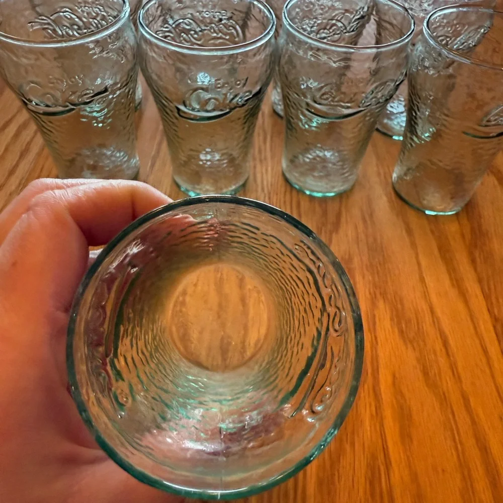 Set of 9 Vintage Mini Green Pebbled Coca-Cola Glasses